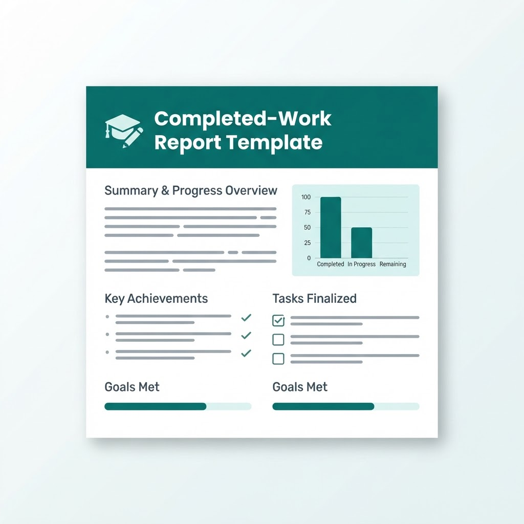 Mockup of a Completed-Work Report Template with a summary section and a tasks-completed chart