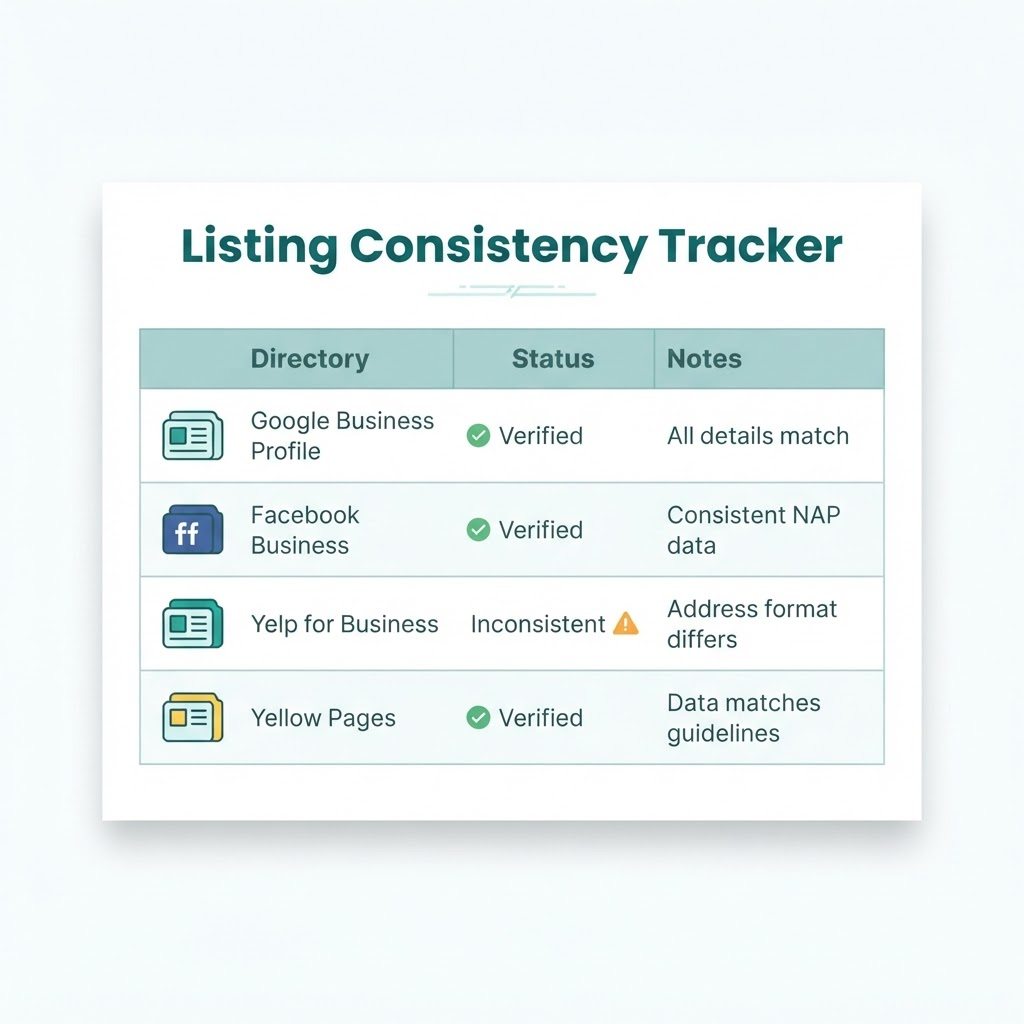 Mockup of a Listing Consistency Tracker table with directory, status, and notes columns