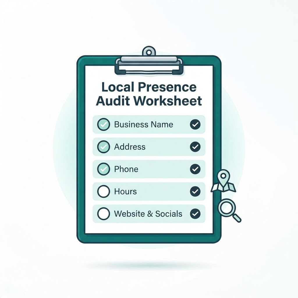 Mockup of a Local Presence Audit Worksheet with checklist rows for business name, address, phone, and hours